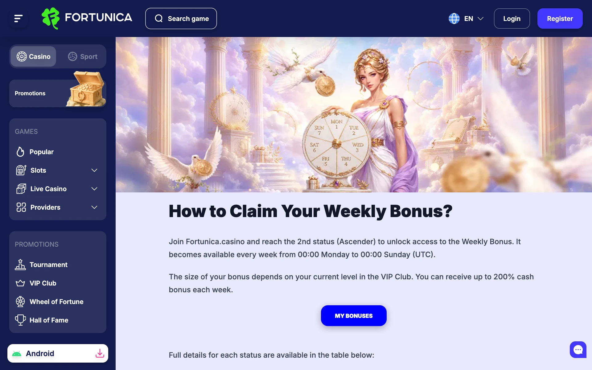 Fortunica Weekly Bonus page explaining how to claim it from the VIP Club