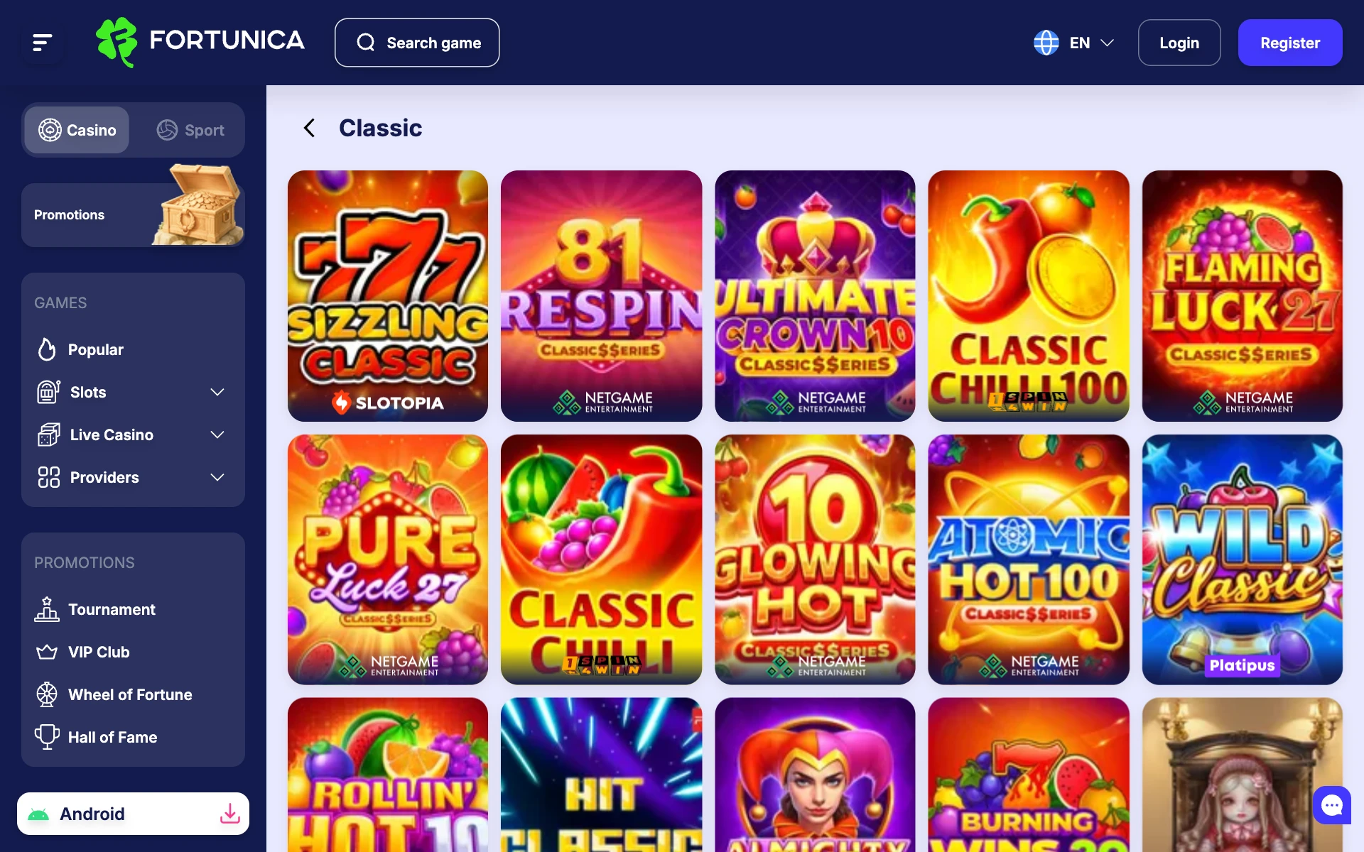 Fortunica Casino Classic shelf with fruit machine and 777 slot tiles